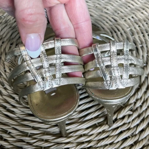 Casadei Gold Leather Strappy Woven Heeled Sandals - Picture 5 of 13